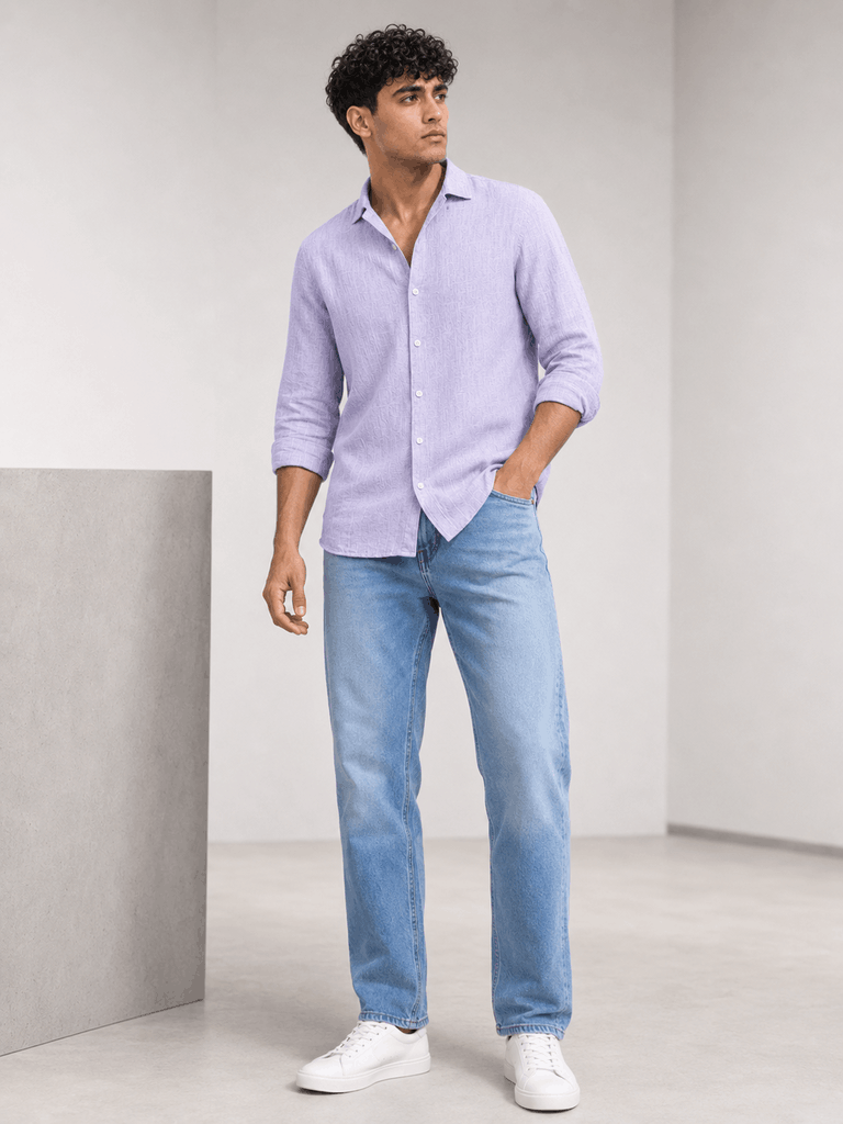Angled view of lavender linen shirt