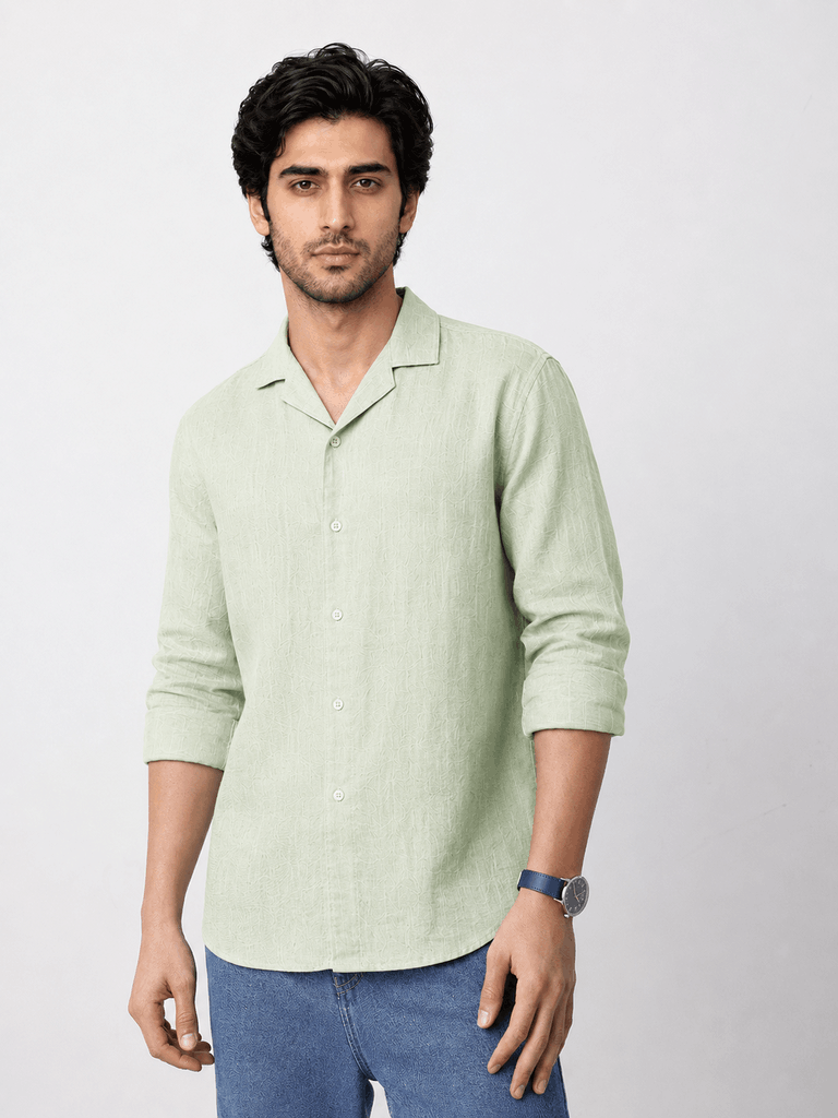 Front view of lime green linen shirt