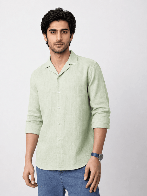 Front view of lime green linen shirt