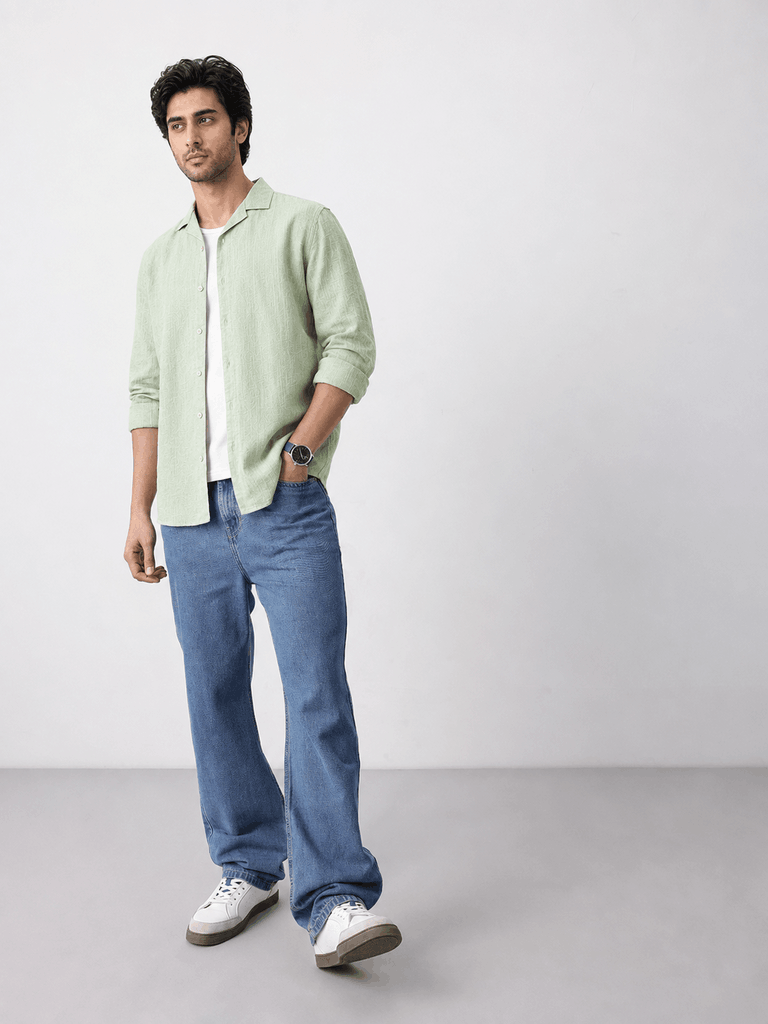Full length view of lime green linen shirt