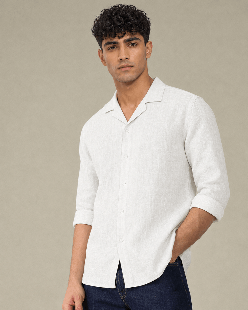 Angled view of off white linen Cuban collar shirt