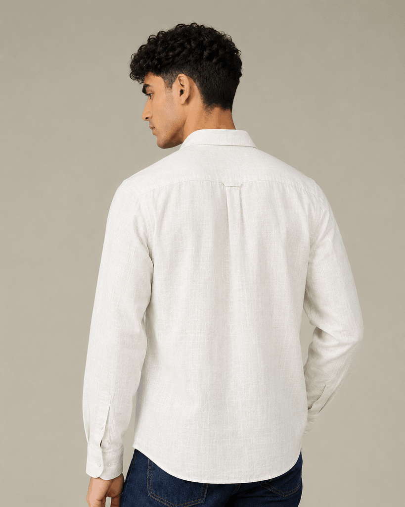 Back view of off white linen Cuban collar shirt