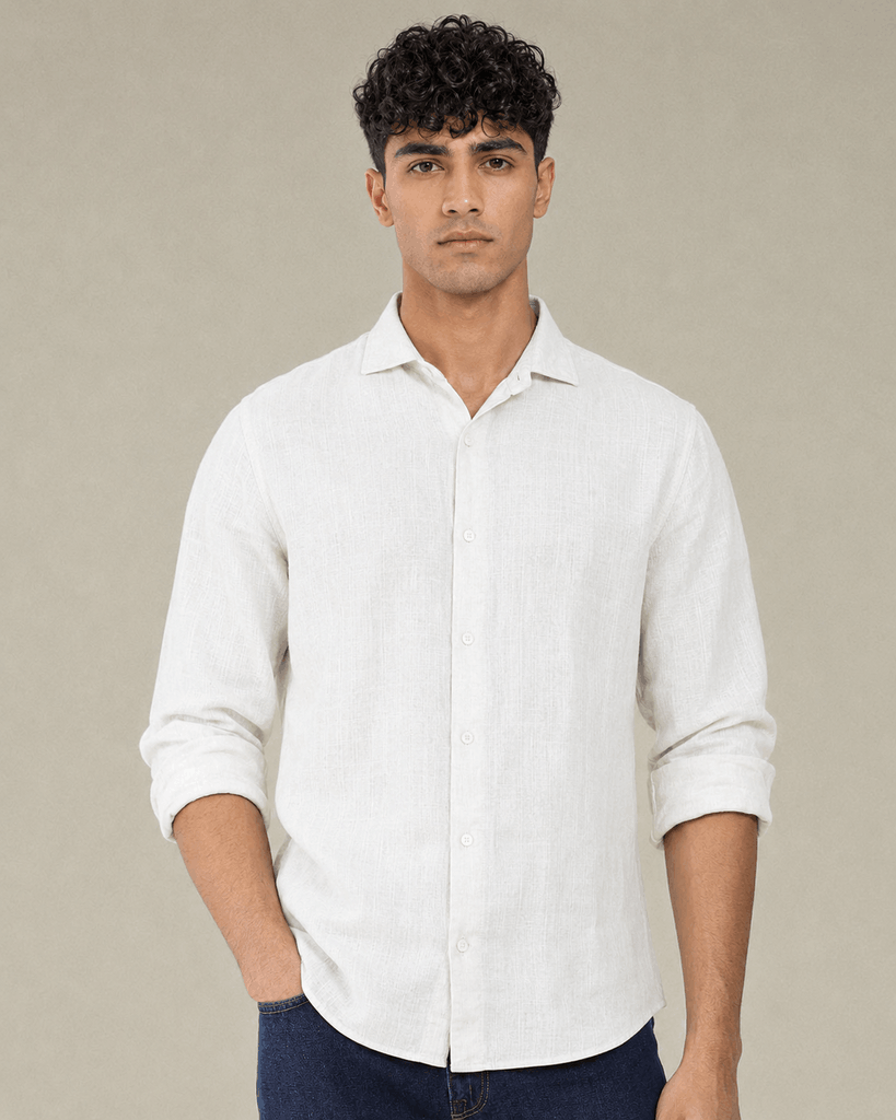 Front view of off white linen Cuban collar shirt