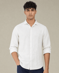Front view of off white linen Cuban collar shirt