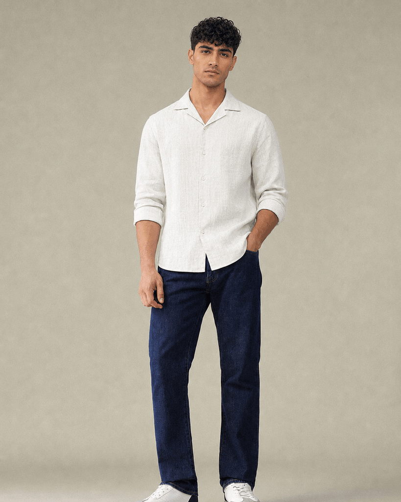 Full length view of off white linen Cuban collar shirt