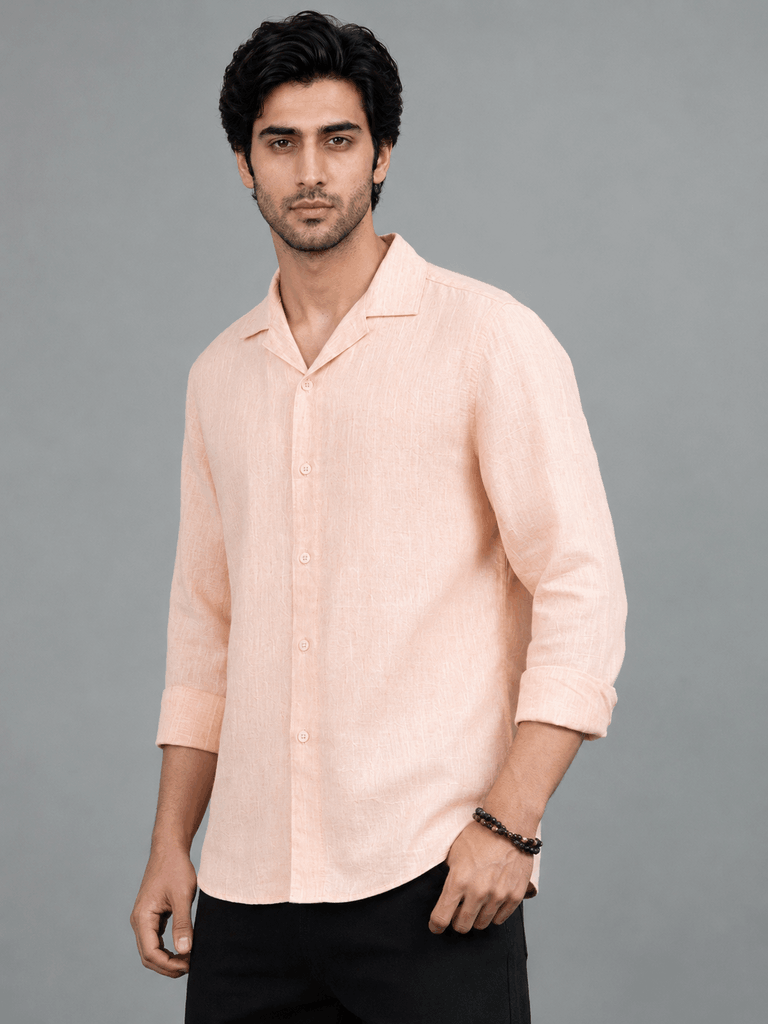 Side view of peach linen shirt