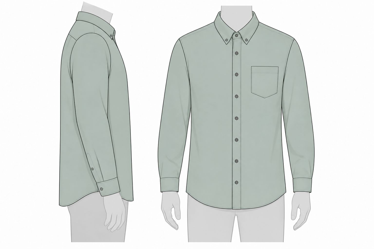 Front and side technical views of The Ease Shirt showing its relaxed regular fit
