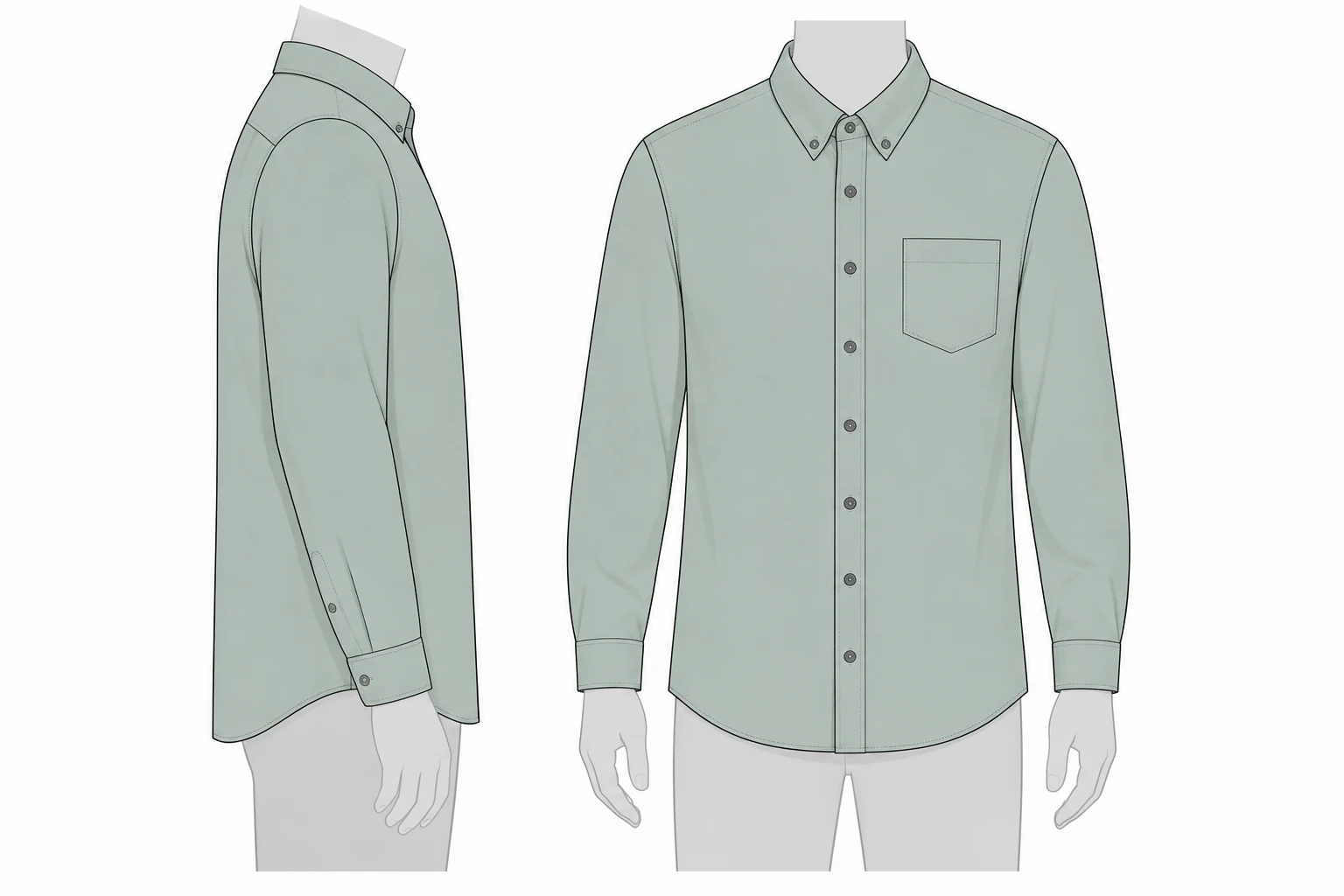 Front and side technical views of The Ease Shirt showing its relaxed regular fit