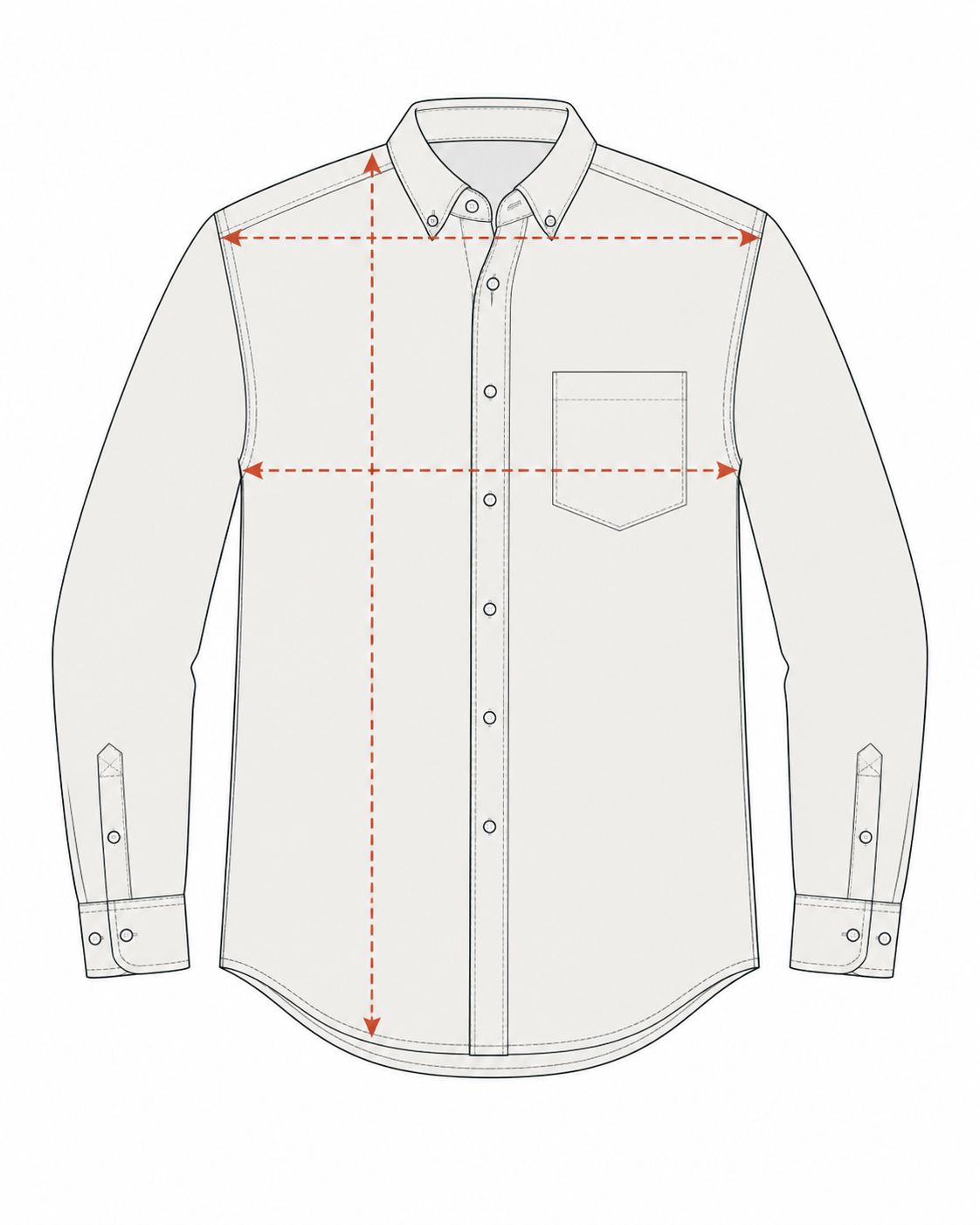 A shirt laid flat with shoulder, chest and body-length measurement paths