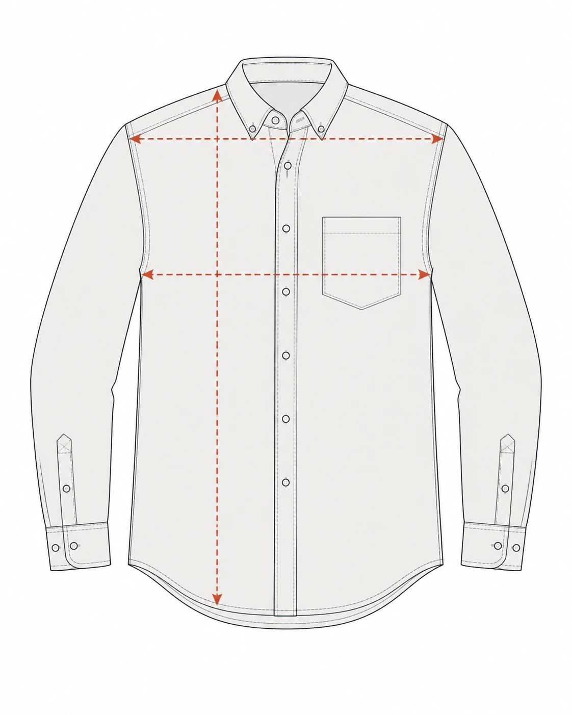 A shirt laid flat with shoulder, chest and body-length measurement paths