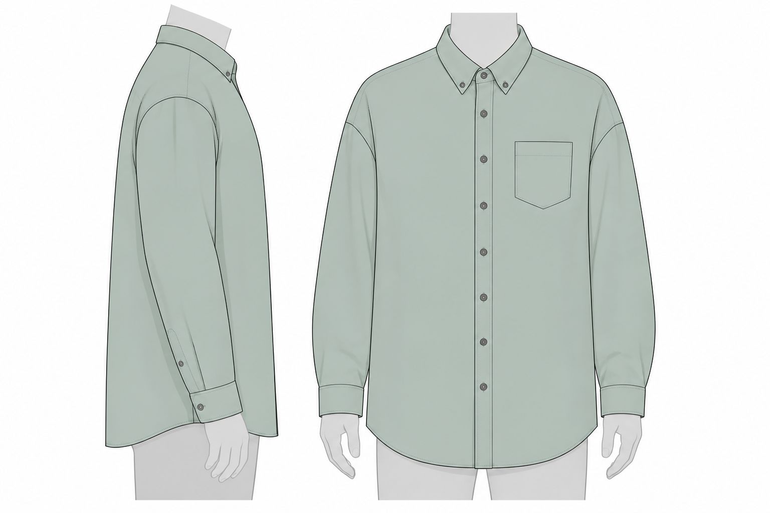 Front and side technical views of an oversized long-sleeve shirt fit