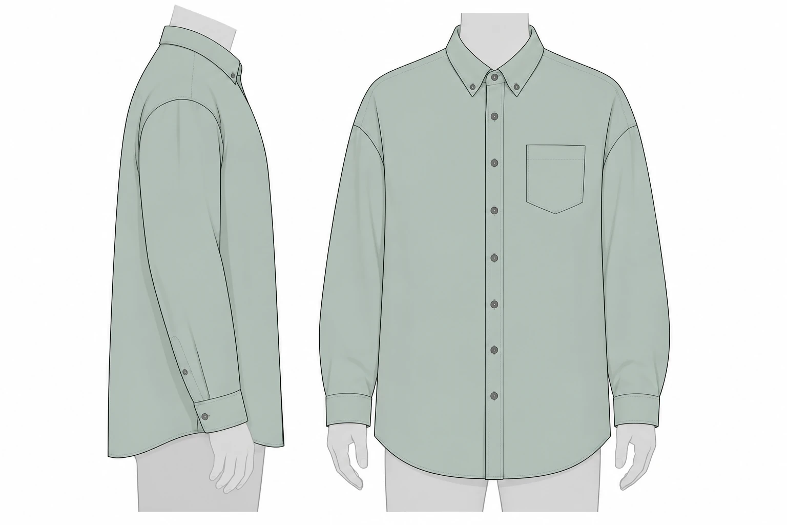 Front and side technical views of an oversized long-sleeve shirt fit