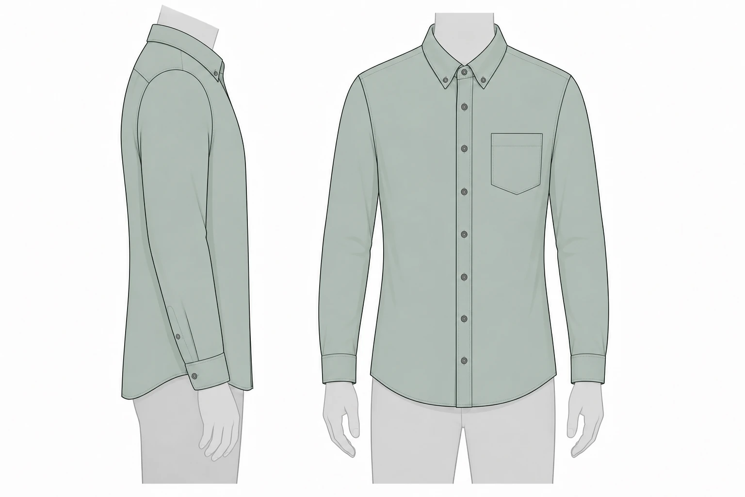 Front and side technical views of a slim long-sleeve shirt fit